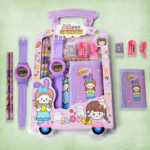Smart Sphere 7-in-1 Stationery Set for Kids – Pencil, Eraser, Sharpener, Ruler, Pen, Watch & Purse – Cute Cartoon School Supplies Gift Kit