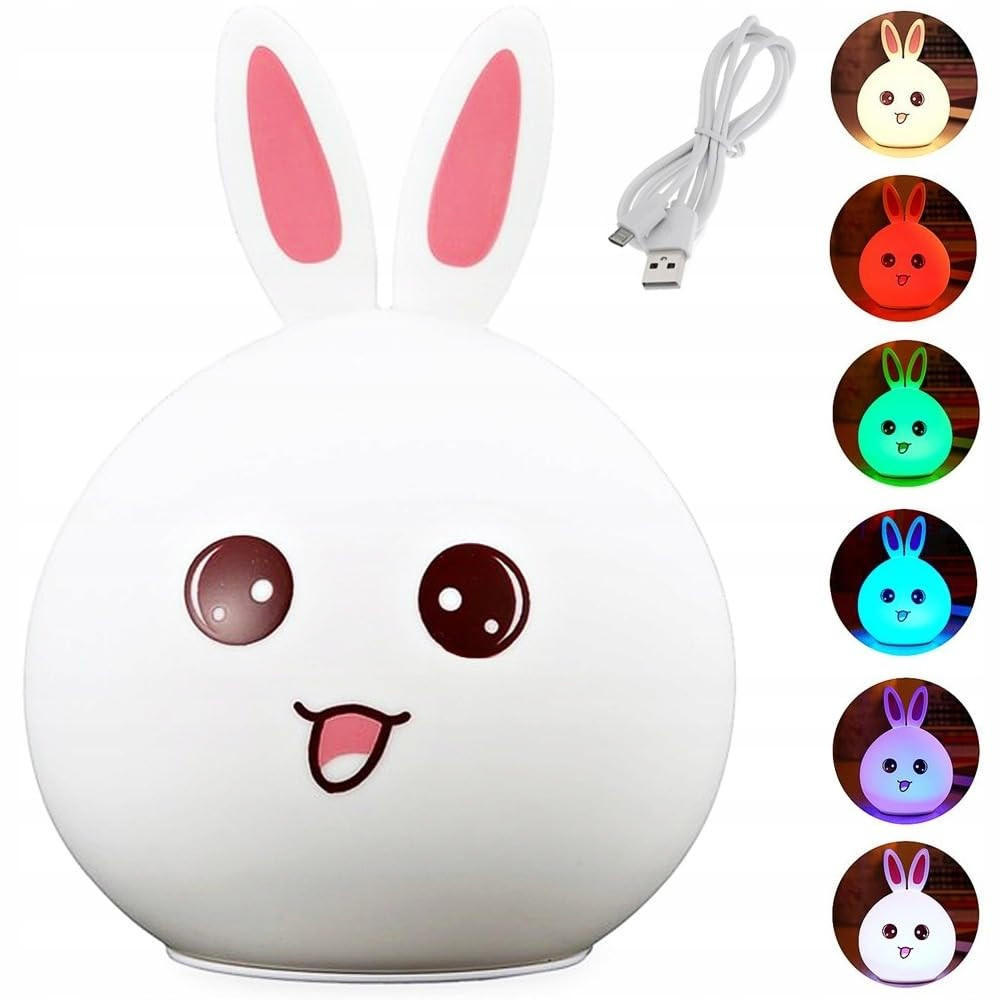 Smart Sphere Rabbit Bunny Silicone Night Lamp | Soft BPA-Free Silicone Bunny Night Light for Kids | USB Rechargeable 7-Color LED Bedside & Nursery Room Décor