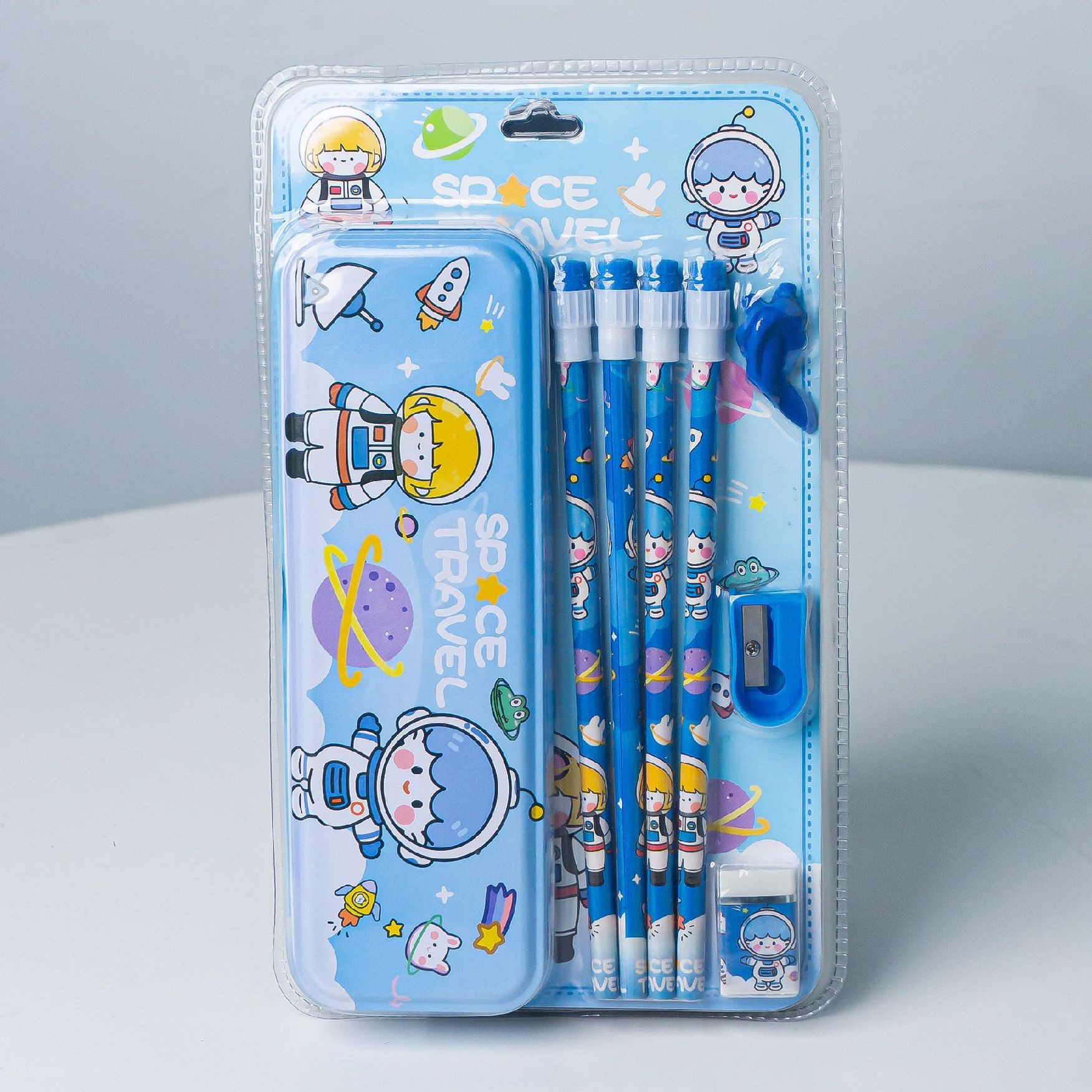 Smart Sphere Kids Pencil Box Set - Blue Space Astronaut Theme, 5 Pencils, Sharpener & Eraser, School Stationery Kit