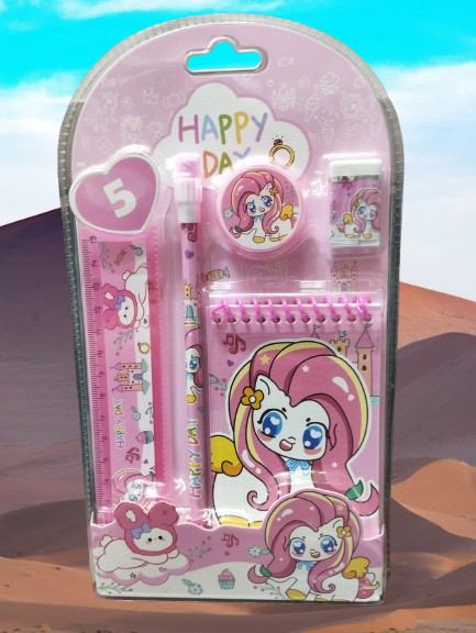 Smart Sphere 5-in-1 Cartoon Stationery Gift Set for Kids – Pencil, Scale, Eraser, Sharpener & Notebook