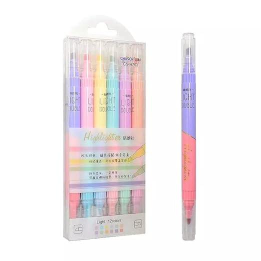 Smart Sphere Twin Tip Dual Pastel Highlighters – 6 Double-Sided Pens, 12 Vibrant Colors, 3 mm Chisel Tip, Bleed-Free Study & Office Marker Set for Kids, Students & Stationery Lovers