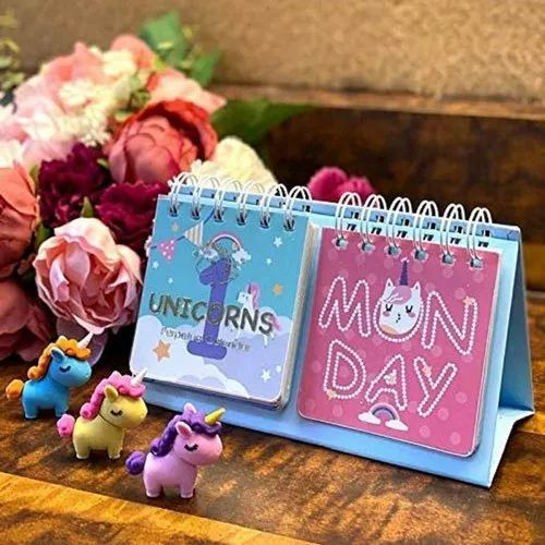 Smart Sphere Unicorn Theme Desk Calendar for Kids - Perpetual Daily Date Universal Table Calendar,  Spiral Foldable, Rainbow Design
